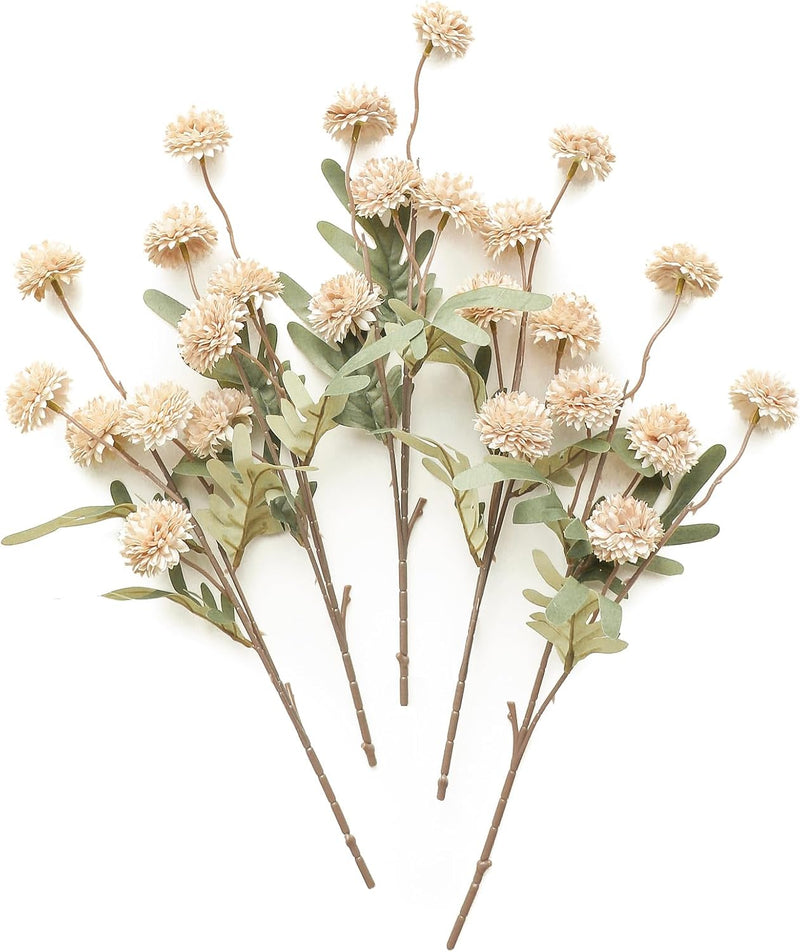 5 Pcs Artificial Silk Pompon Mums Flowers, Beige, 6 Inch Stems, Realistic Chrysanthemums for DIY Bouquets and Wedding Decor