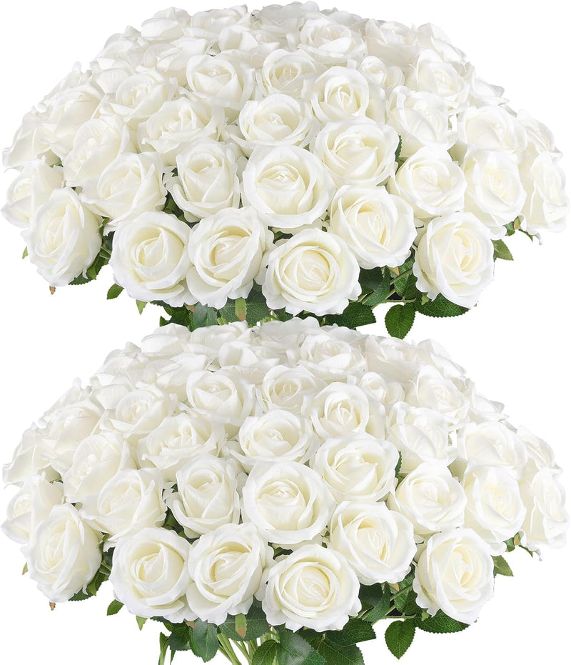50 Pcs Artificial Velvet Silk Roses White 12 Inch Realistic Flowers for Wedding Home Decor