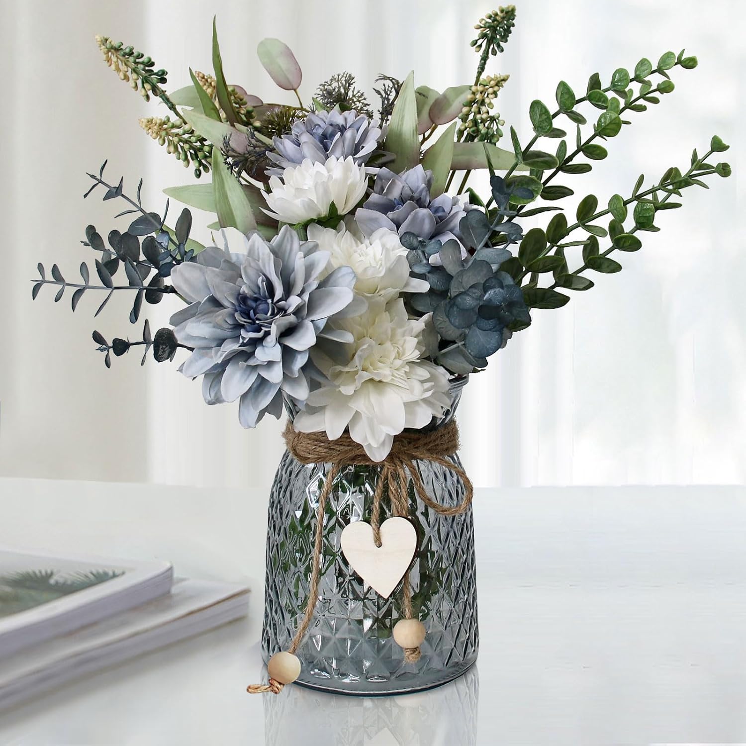Premium Artificial Silk Flowers in Vase - High-Quality Table Centerpieces for Dining Room Kitchen Coffee Table Decor & Events