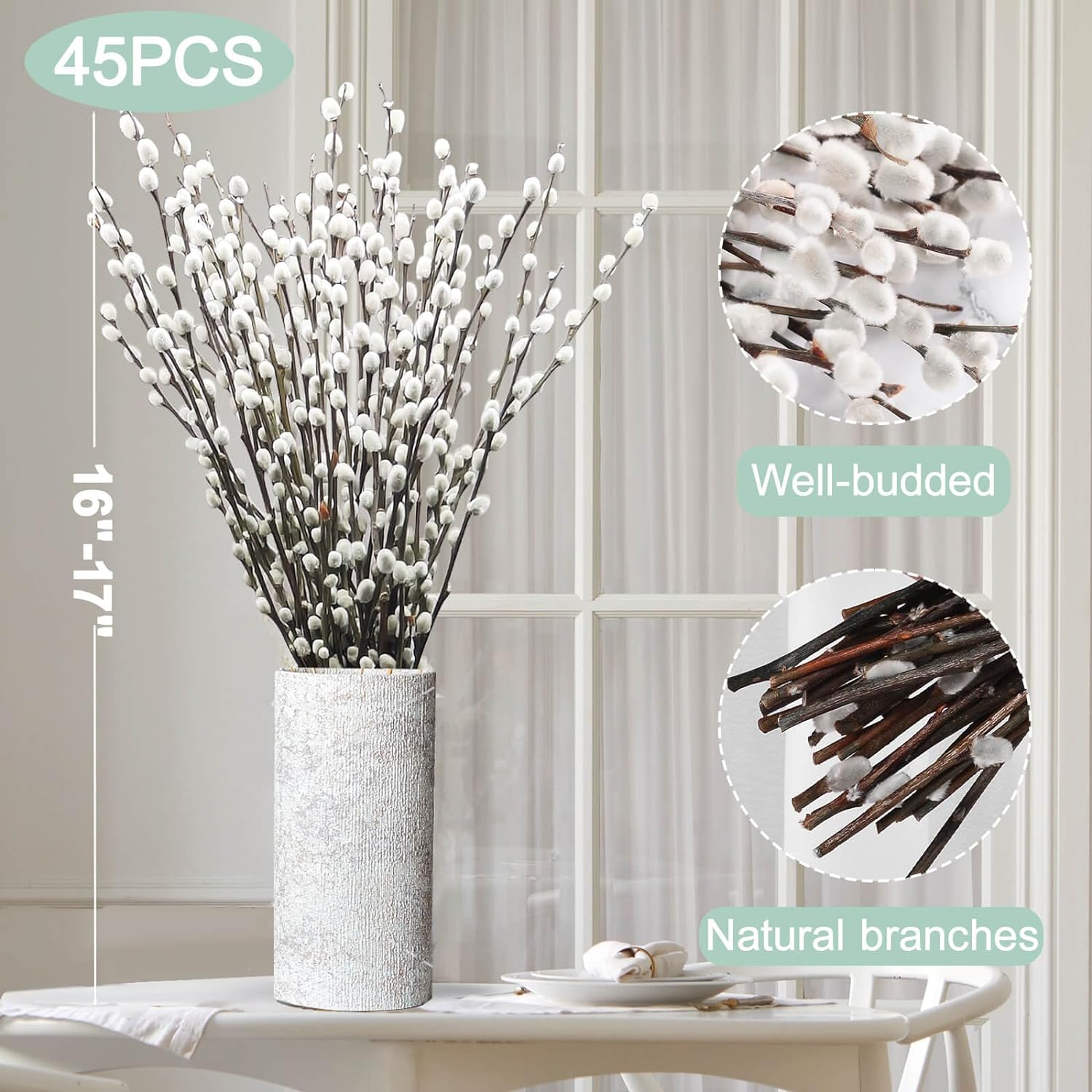 Bulk 45 Pcs Premium 17-inch Real Dried Willow Branches Natural with White Flowers Perfect for Indoor/Outdoor Events Weddings Parties Hotels Fireplaces and Yards Wholesale