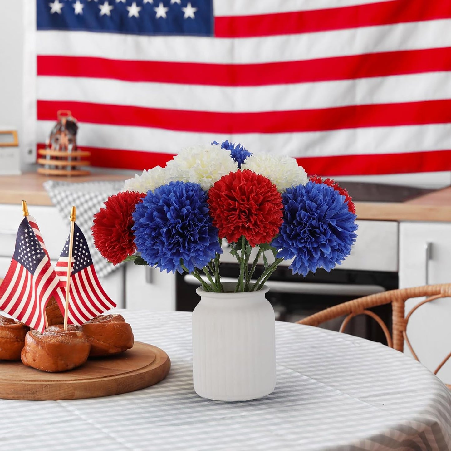Premium 12pcs Lifelike Silk Mums - UV-Resistant Patriotic Flowers for 4th July Decor Red White Blue Table Centerpiece