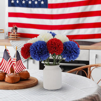 Premium 12pcs Lifelike Silk Mums - UV-Resistant Patriotic Flowers for 4th July Decor Red White Blue Table Centerpiece