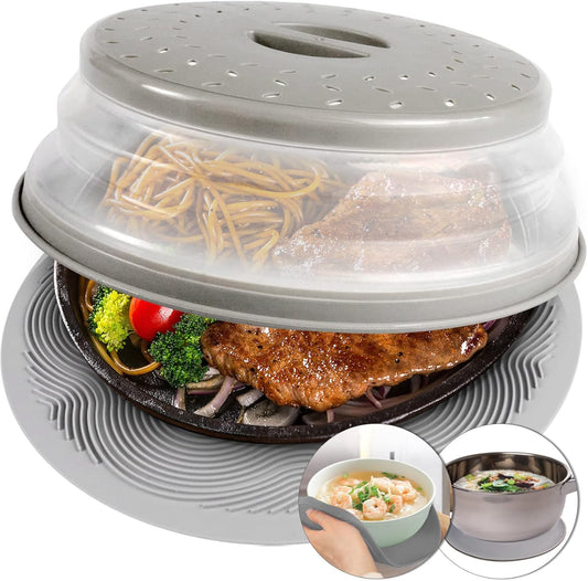 Premium Silicone Microwave Cover & Place Mat Set - Multi-Use Splatter Guard Counter Protector Bowl Holder Utensils Rest