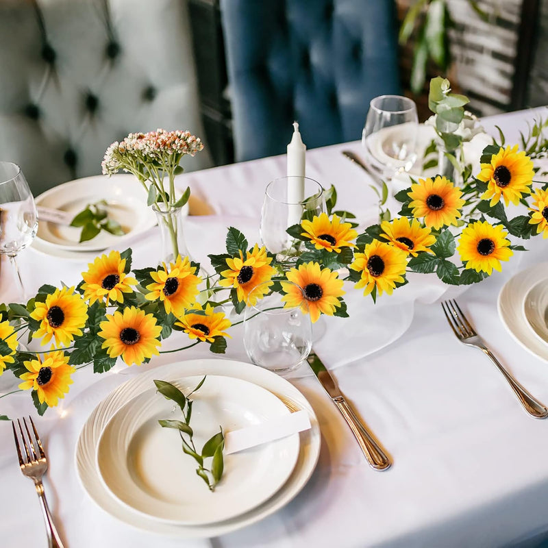 7.5ft Artificial Sunflower Garland 7 Stems Silk Flowers with Green Leaves Outdoor Indoor Decor