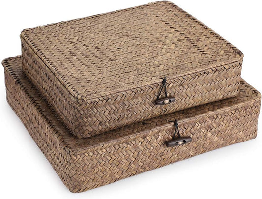 Premium Handwoven Seagrass Storage Bins with Dual-Lid Natural Fiber Organizers for Living Room Bedroom Shelf Décor