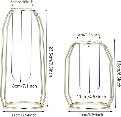Bulk 1pc Gold Glass Vase With Metal Frame Geometric Hydroponics Vase for Centerpieces Wedding Office Living Room Decor Wholesale