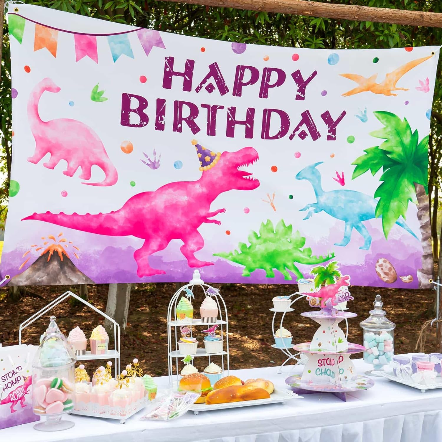 Bulk 73'' x 43'' Watercolor Dinosaur Background Banner Perfect for Dinosaur Themed Birthday Parties | Indoor Outdoor Photography Backdrop | Girls Kids Party Decor Wholesale