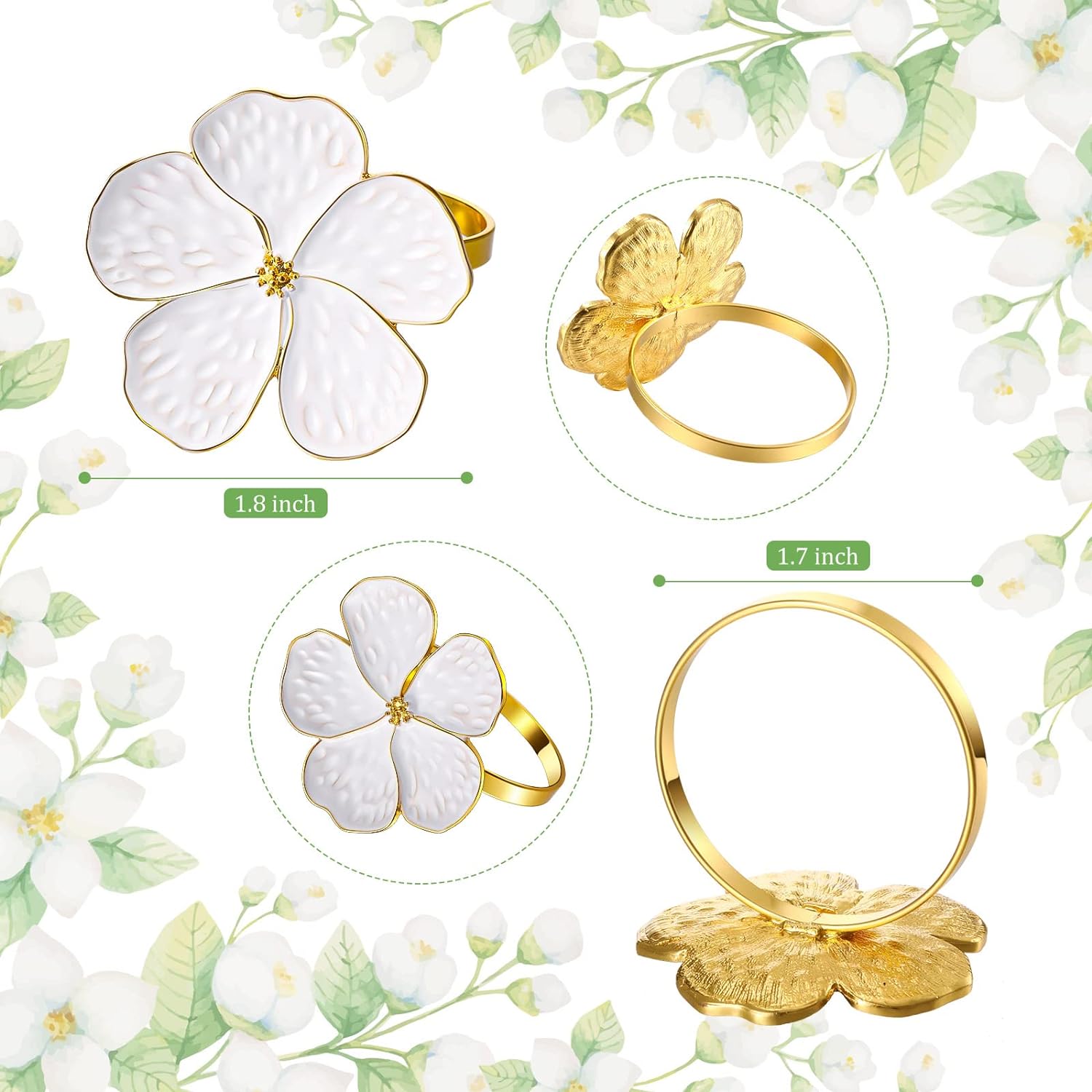 Bulk 6 Pcs White Flower Napkin Rings Holiday Gold Holders for Wedding Parties Wholesale