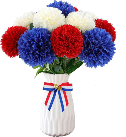 Premium 12pcs Lifelike Silk Mums - UV-Resistant Patriotic Flowers for 4th July Decor Red White Blue Table Centerpiece
