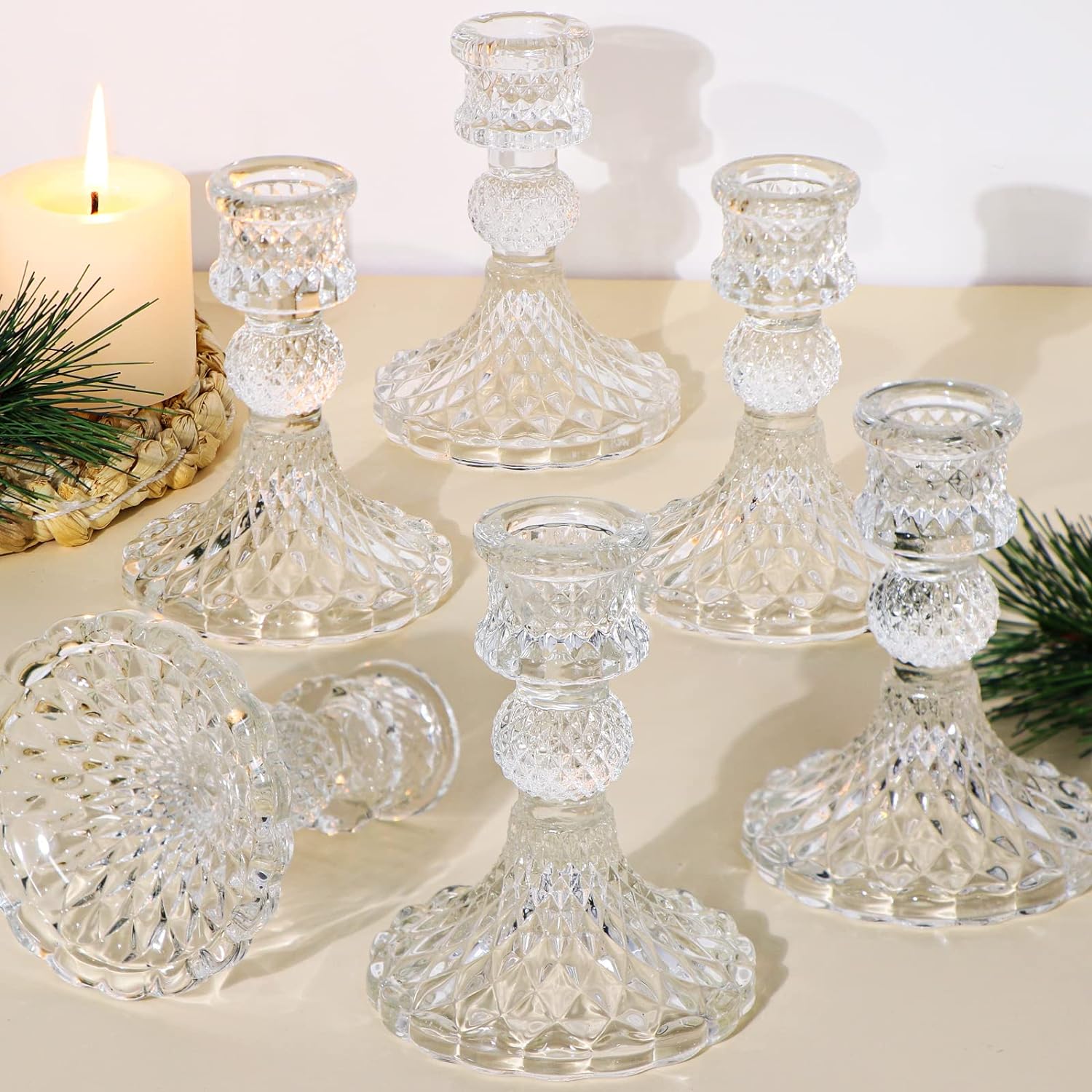 Bulk 6 Pcs Clear Taper Candle Holder Set for Wedding Table Decor Valentine's Day Decor Anniversaries Bridal Showers and Home Party Table Decor Wholesale
