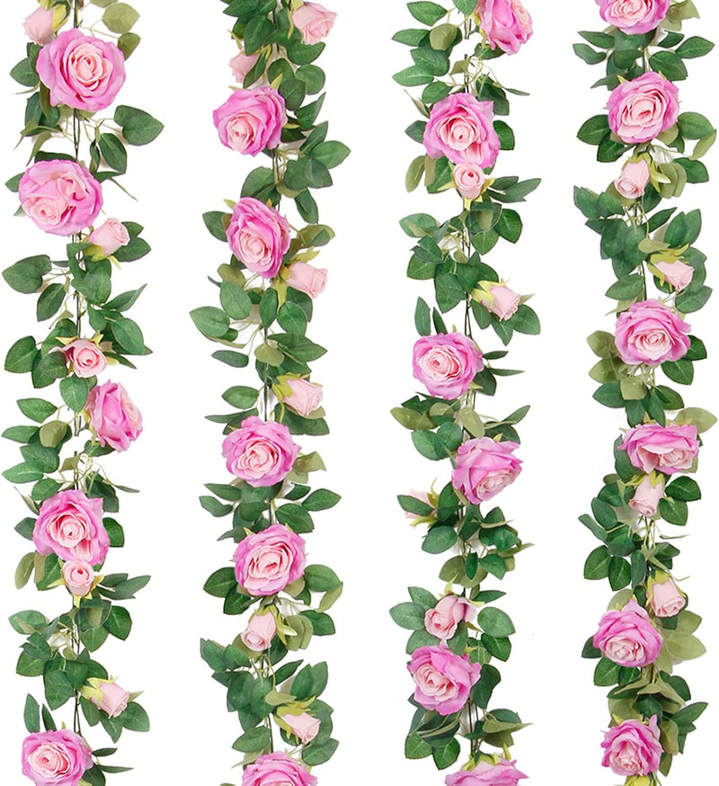 4 Pcs 26 Ft Pink Artificial Silk Rose Vine Garland, 6 Ft Segments, Realistic Flowers for Wedding Arches & Party Decor