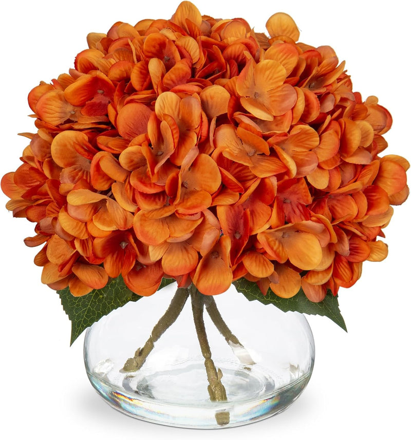 Artificial Hydrangea Flowers Silk 12 Inch Yellowish Orange 1 Vase with Faux Water Table Centerpiece Home Decor