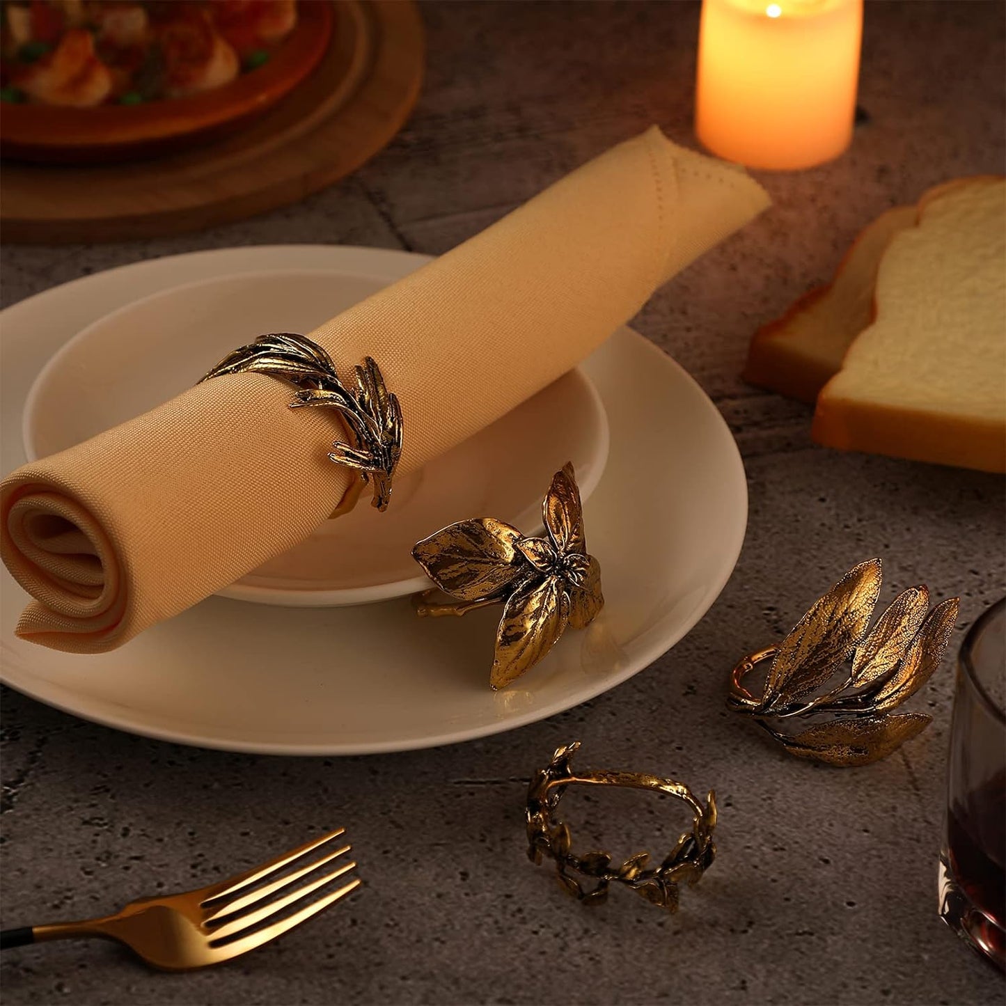 Bulk 8 Pcs Vintage Leaf Napkin Rings Set Metal Adornments for Graduations Holidays Weddings and Everyday Use Wholesale