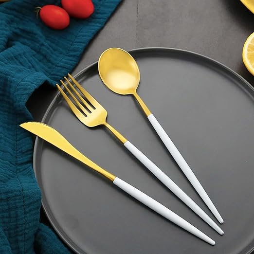 Bulk 8Pcs Disposable Tableware Sets with White Handle for Christmas New Year Birthday Wedding Party Restaurant Wholesale