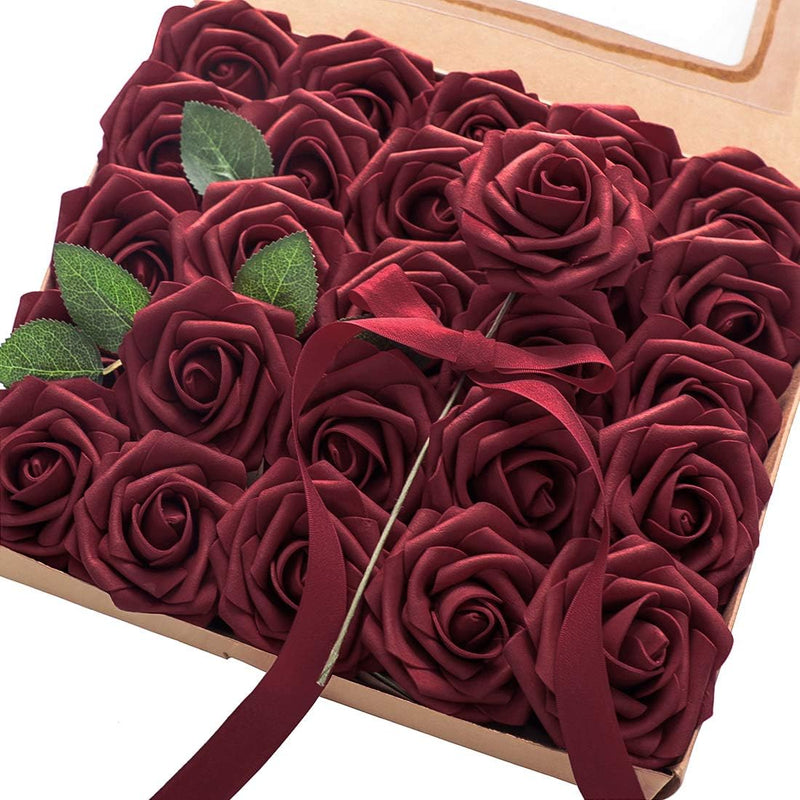 25 Pcs Artificial Foam Roses with Bendable Stems, 12 Inch, Ivory White Purple for DIY Wedding Bouquets and Centerpieces