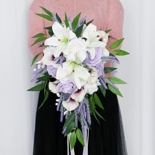 Bulk 2 Pcs Lavender Bridal Bouquets Artificial Cascading Calla Lily Wedding Flower Arrangements Flexible Stems for Ceremonies Vintage Home Decor Wholesale