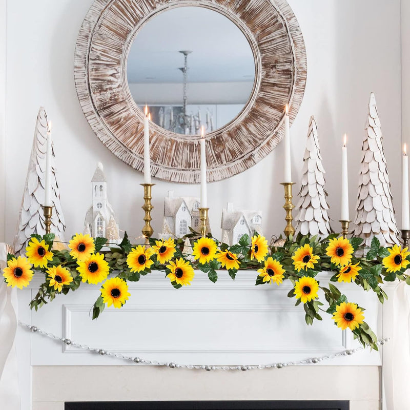 7.5ft Artificial Sunflower Garland 7 Stems Silk Flowers with Green Leaves Outdoor Indoor Decor