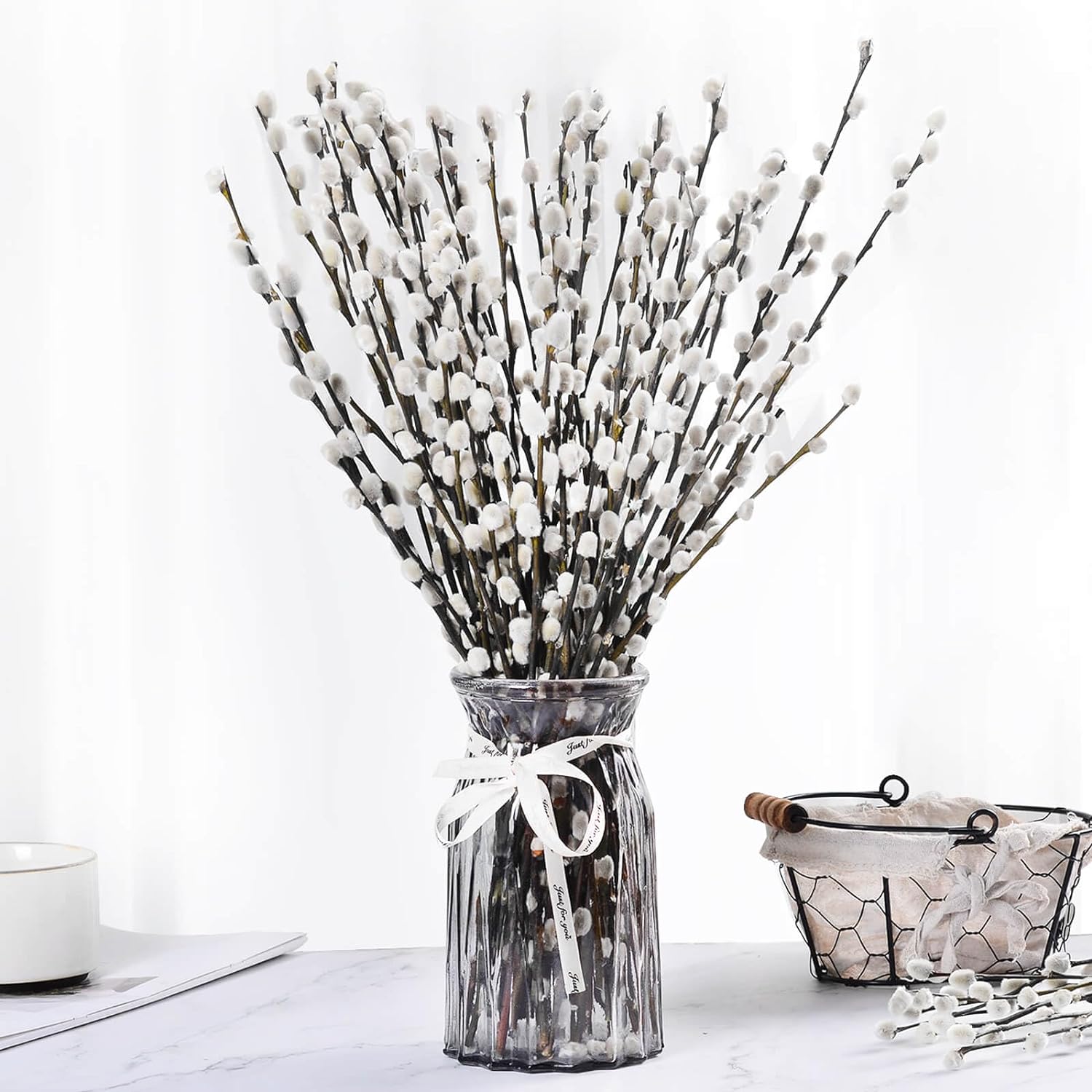Bulk 45 Pcs Premium 17-inch Real Dried Willow Branches Natural with White Flowers Perfect for Indoor/Outdoor Events Weddings Parties Hotels Fireplaces and Yards Wholesale