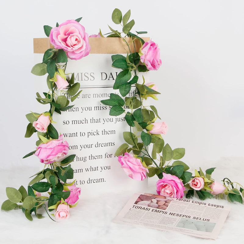 4 Pcs 26 Ft Pink Artificial Silk Rose Vine Garland, 6 Ft Segments, Realistic Flowers for Wedding Arches & Party Decor