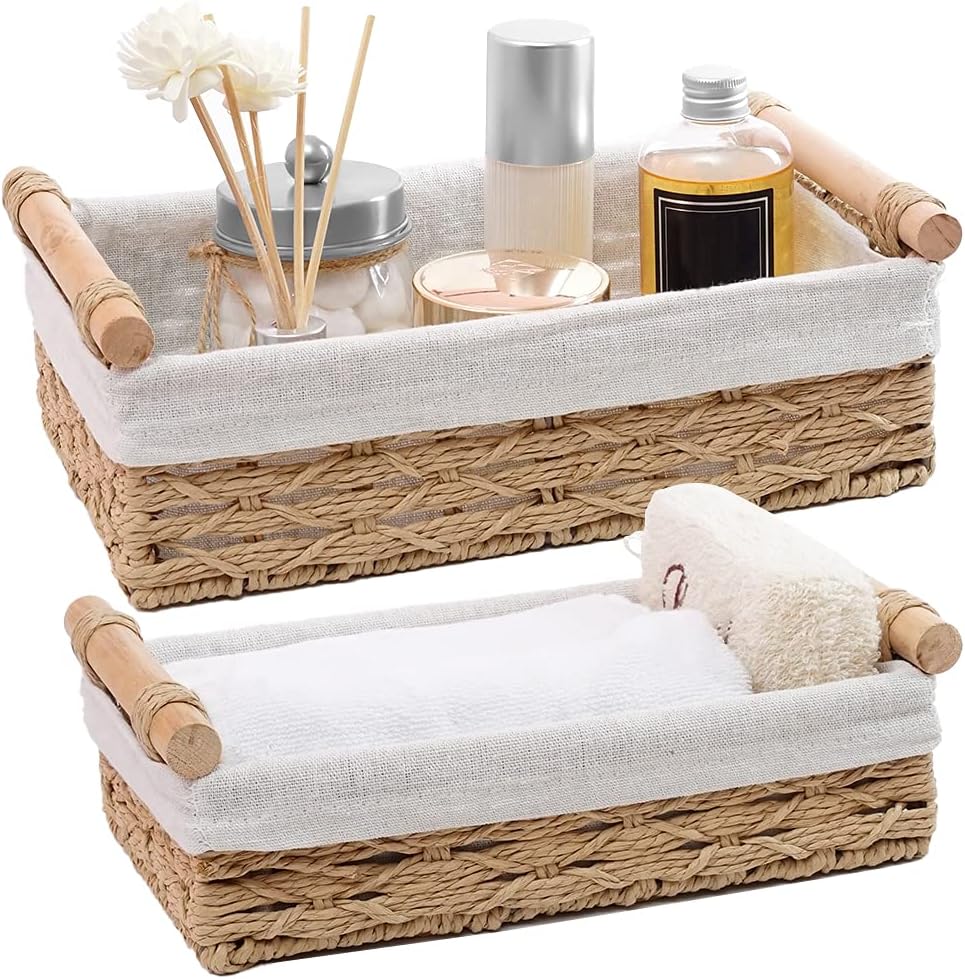 Premium 2 pcs Water Resistant Wicker Organizer Dual Design Bathroom Vanity Basket for Countertop & Toilet Tank Décor Storage