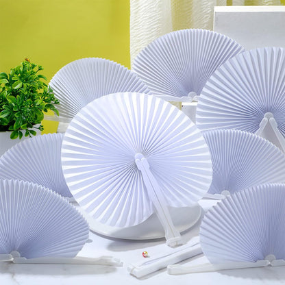Bulk 100 Pcs White Paper Fans Round Folding Wedding Fans with Plastic Handle for Guests Birthday Party Favors for Men and Women Wholesale