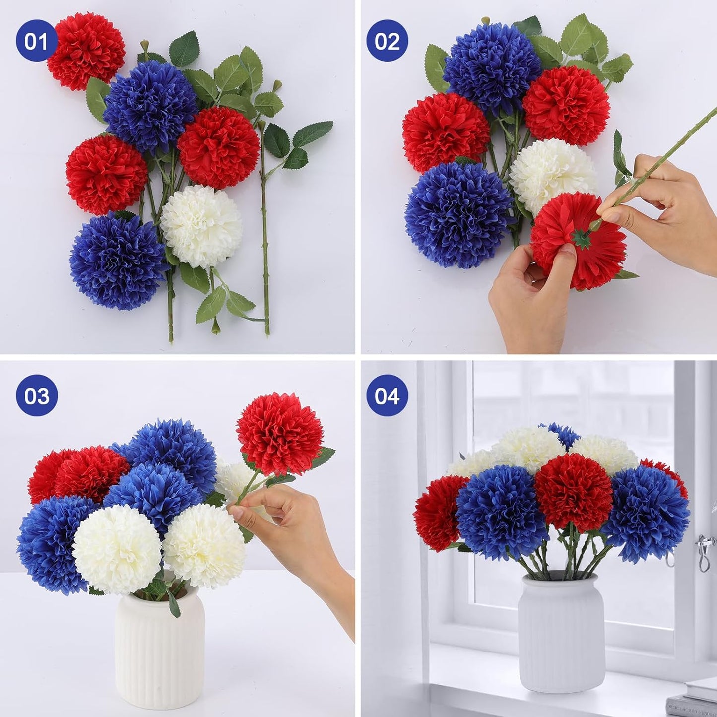 Premium 12pcs Lifelike Silk Mums - UV-Resistant Patriotic Flowers for 4th July Decor Red White Blue Table Centerpiece
