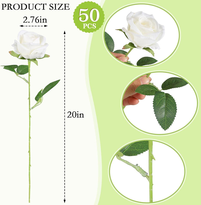 50 Pcs Artificial Velvet Silk Roses White 12 Inch Realistic Flowers for Wedding Home Decor