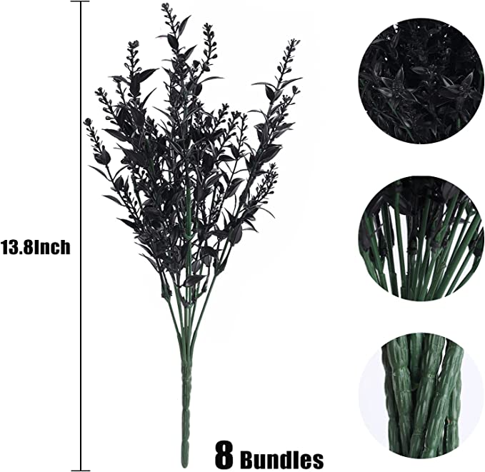 8 Pcs Artificial Black Bush Shrubs for Halloween Outdoor Use UV Resistant