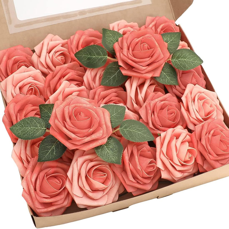25 Pcs Artificial Foam Roses with Bendable Stems, 12 Inch, Ivory White Purple for DIY Wedding Bouquets and Centerpieces
