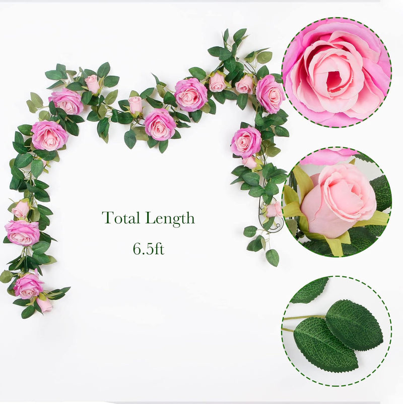 4 Pcs 26 Ft Pink Artificial Silk Rose Vine Garland, 6 Ft Segments, Realistic Flowers for Wedding Arches & Party Decor