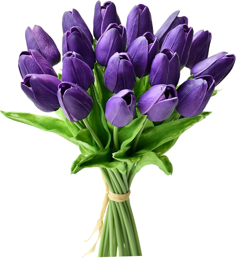 20 Stems Artificial Tulip Flowers 3.5 Inch PU Silk Realistic Lifelike Home Wedding Decor
