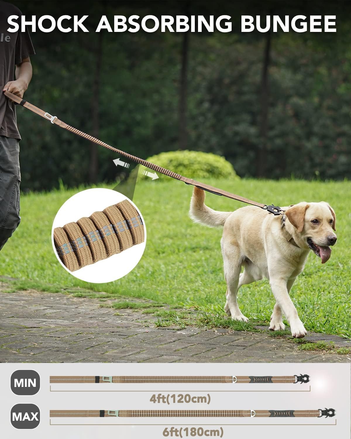 Premium Dual Handle Heavy Duty Dog Leash 6 Ft Shock Absorbing Bungee Lead Car Seatbelt Training Walking Hiking Medium X-Large Dogs