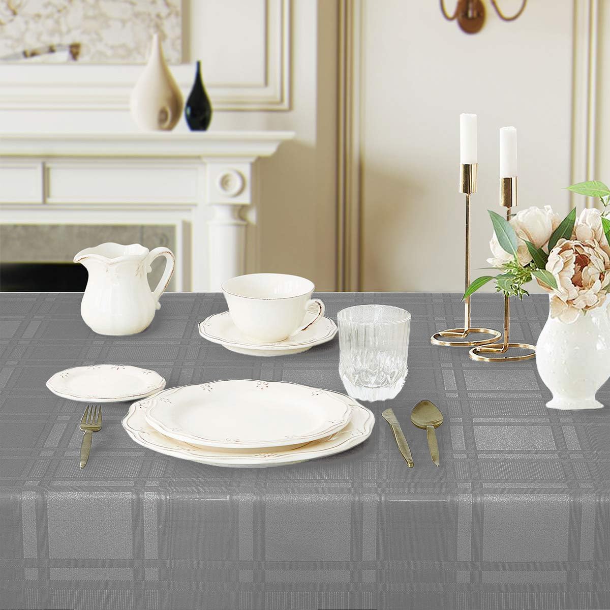 Bulk Solid Plaid Jacquard Spring Tablecloth Wrinkle and Water Resistant, Contemporary Woven Decorative Table Cover for Holiday Events Wholesale