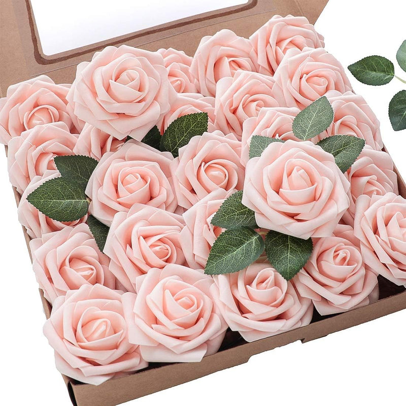25 Pcs Artificial Foam Roses with Bendable Stems, 12 Inch, Ivory White Purple for DIY Wedding Bouquets and Centerpieces