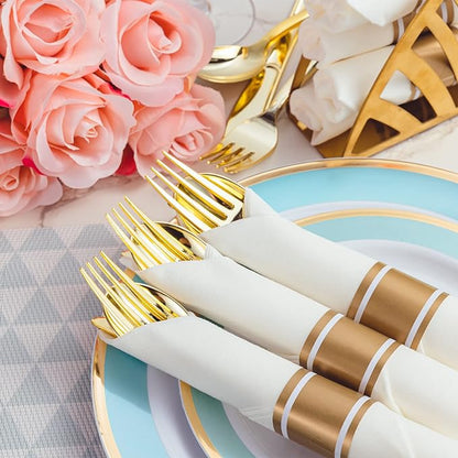 Bulk 10 Packs Pre-Rolled Plastic Disposable Cutlery Set 10 Forks 10 Spoons 10 Knives 10 Napkins Disposable Tableware Wholesale