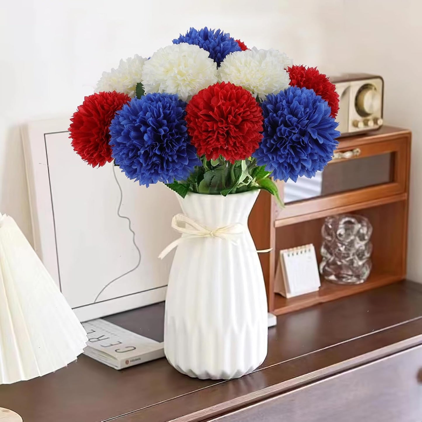 Premium 12pcs Lifelike Silk Mums - UV-Resistant Patriotic Flowers for 4th July Decor Red White Blue Table Centerpiece