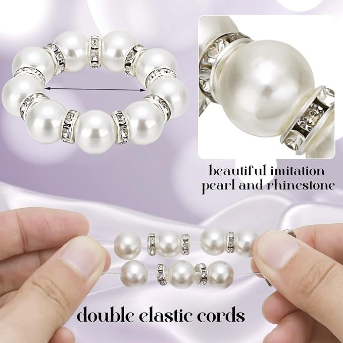 Romantic 12 Pcs Hand-beaded Pearl Rhinestone Napkin Rings - Wedding Table Elegant Decor Elastic Napkin Holders