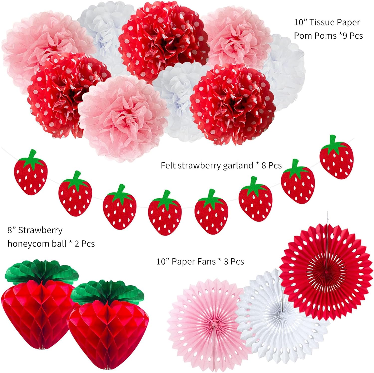 Bulk Strawberry Party Decoration Set Red Pink White Tissue Pom Poms Fans Honeycomb Balls Lanterns Garland Ideal for Classroom Sweet themed Bridal Baby Shower Girls' Party Decor Wholesale