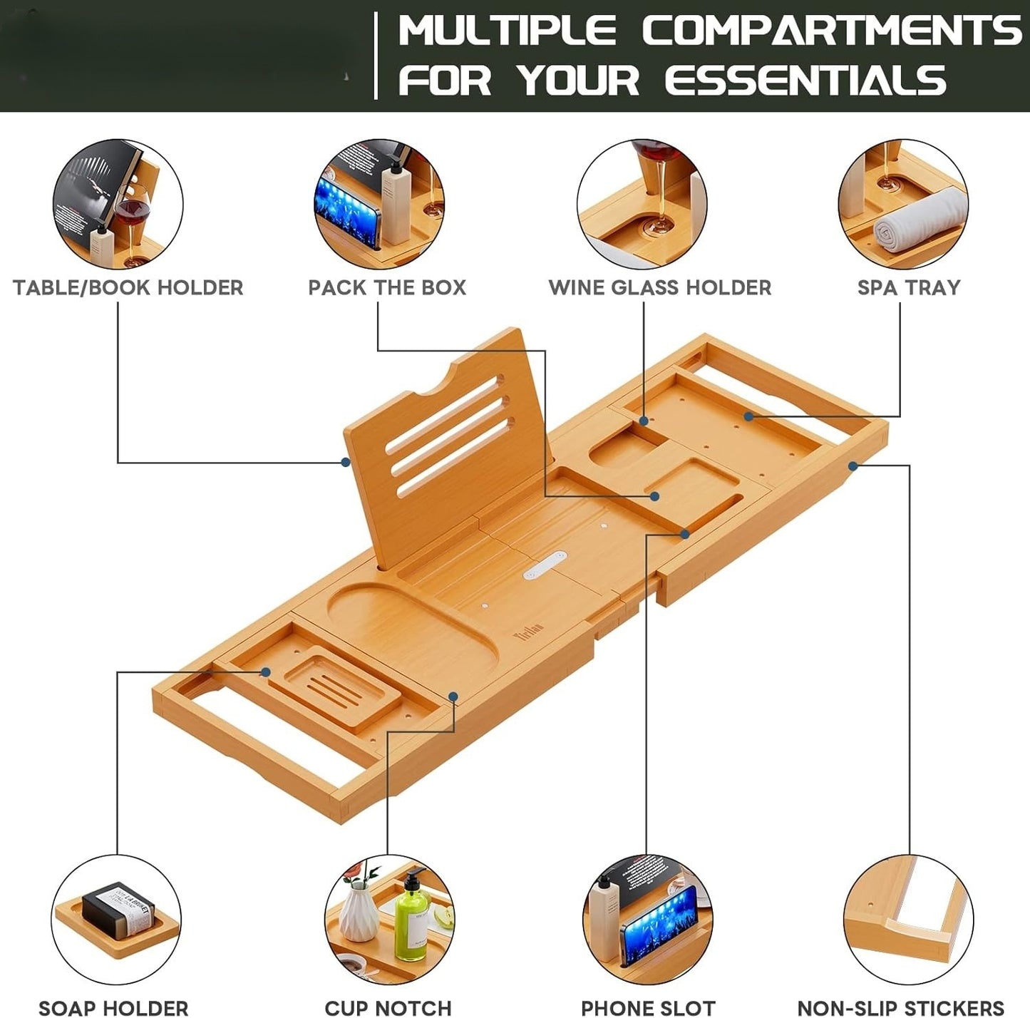 Bulk Adjustable Bathtub Tray Caddy Expandable 16-28inch Non Slip Bamboo Tray with Wine Glass Holder & Phone Slot Waterproof Spa Accessories Luxury Wedding Anniversary Bridal Shower & Housewarming Gifts for Couples Women Wholesale