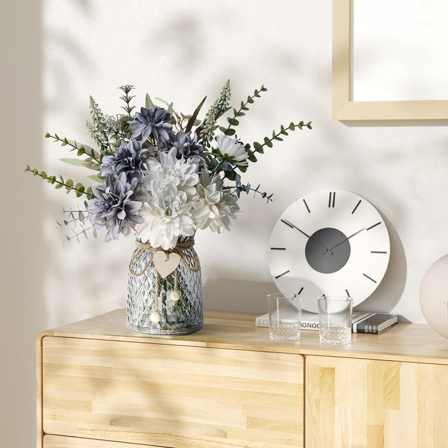 Premium Artificial Silk Flowers in Vase - High-Quality Table Centerpieces for Dining Room Kitchen Coffee Table Decor & Events