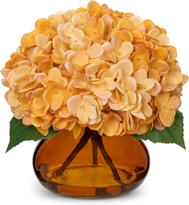 Artificial Hydrangea Flowers Silk 12 Inch Yellowish Orange 1 Vase with Faux Water Table Centerpiece Home Decor
