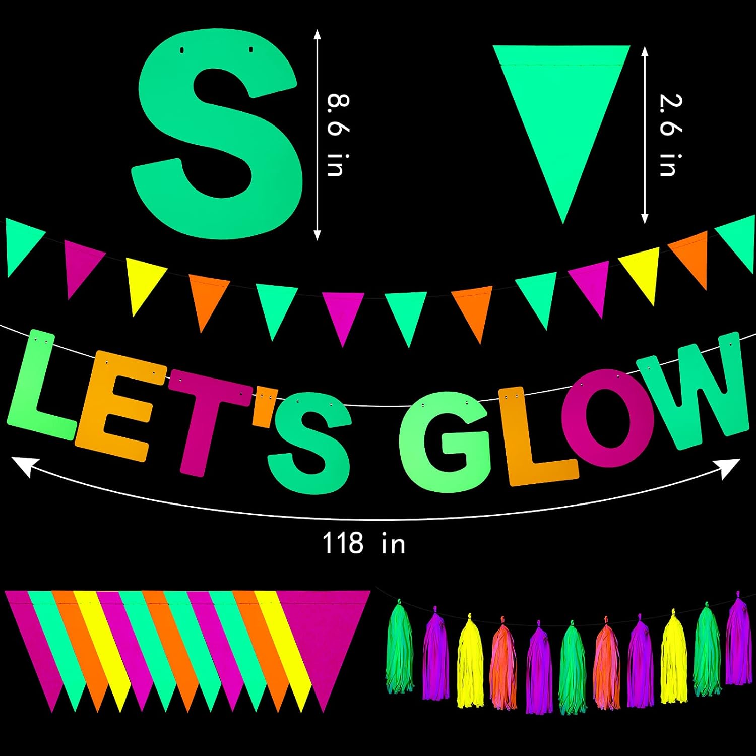 Bulk Glow in the Dark Party Backdrop Decor 'Let's Glow' Banner Neon Paper Tassels and Triangle Flags to Make Birthdays and Christmas Parties Unforgettable Wholesale