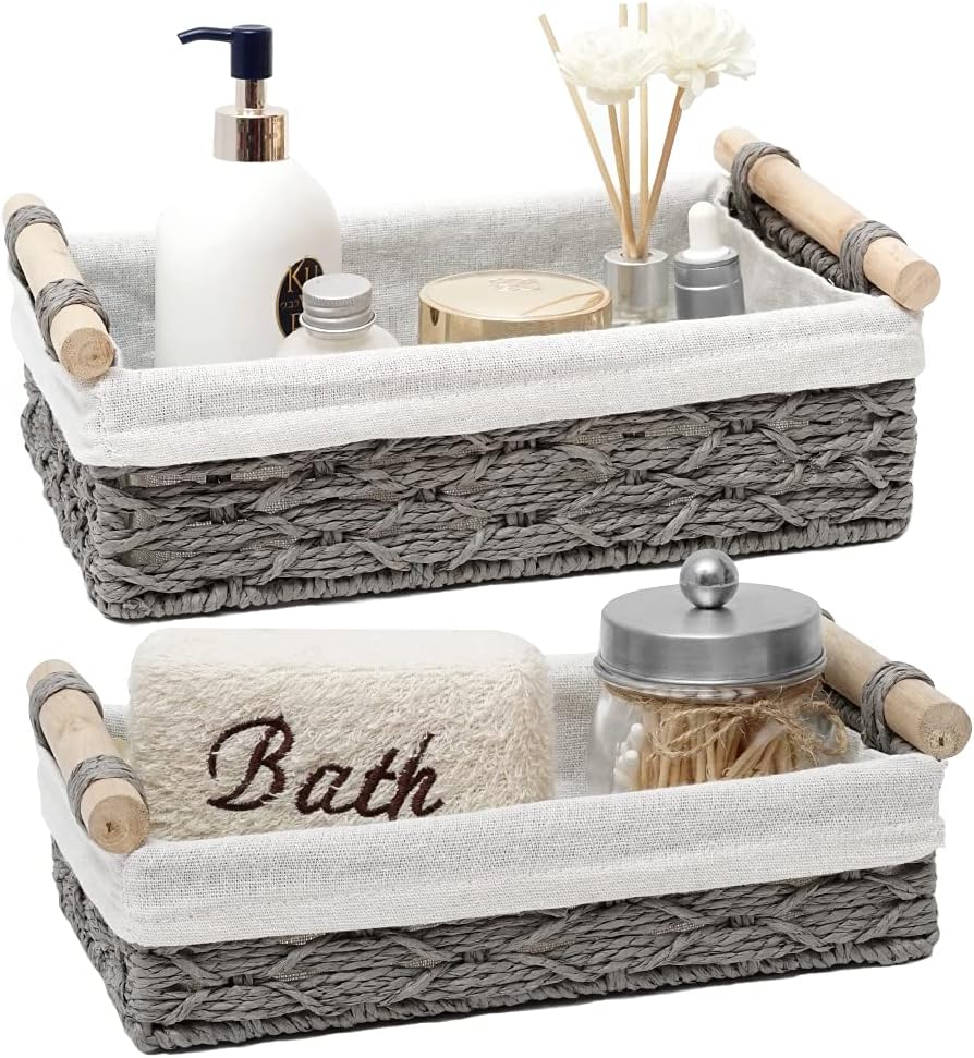 Premium 2 pcs Water Resistant Wicker Organizer Dual Design Bathroom Vanity Basket for Countertop & Toilet Tank Décor Storage
