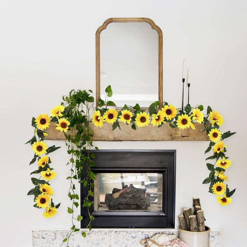 7.5ft Artificial Sunflower Garland 7 Stems Silk Flowers with Green Leaves Outdoor Indoor Decor