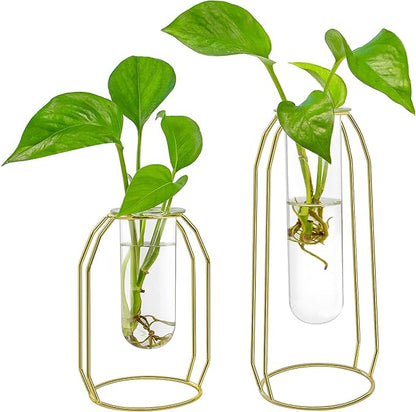 Bulk 1pc Gold Glass Vase With Metal Frame Geometric Hydroponics Vase for Centerpieces Wedding Office Living Room Decor Wholesale