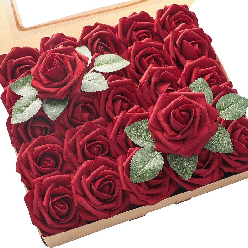 25 Pcs Artificial Foam Roses with Bendable Stems, 12 Inch, Ivory White Purple for DIY Wedding Bouquets and Centerpieces