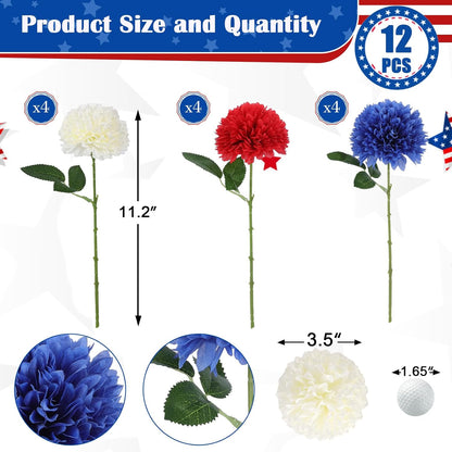 Premium 12pcs Lifelike Silk Mums - UV-Resistant Patriotic Flowers for 4th July Decor Red White Blue Table Centerpiece