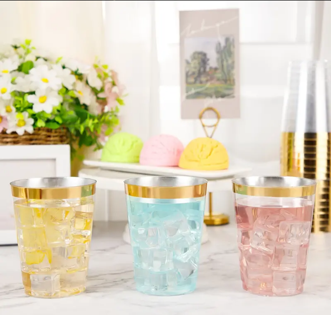 Bulk 25 Pcs Clear Gold Rim Plastic Wine Glasses Banquet Party Wholesale