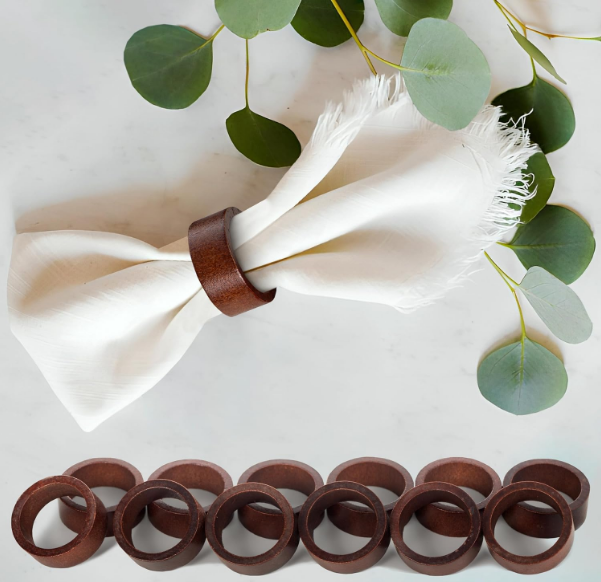 Bulk 12 Pcs Brown Wooden Napkin Rings for Farmhouse Wedding Birthday Restaurant Hotel Valentine's Day Banquet Buffet Table Decor Wholesale