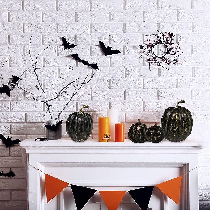 7 Pcs Assorted Artificial Silk Gold, Black, White Pumpkins for Fall Halloween Thanksgiving Tabletop Centerpiece
